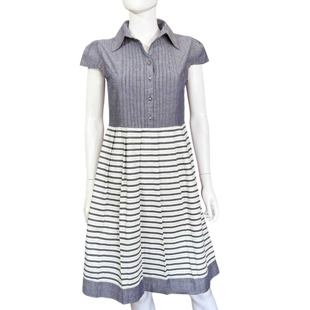 Anna Sui Womens Dress Size 4 Blue Striped Cotton Blend Fit & Flare Style